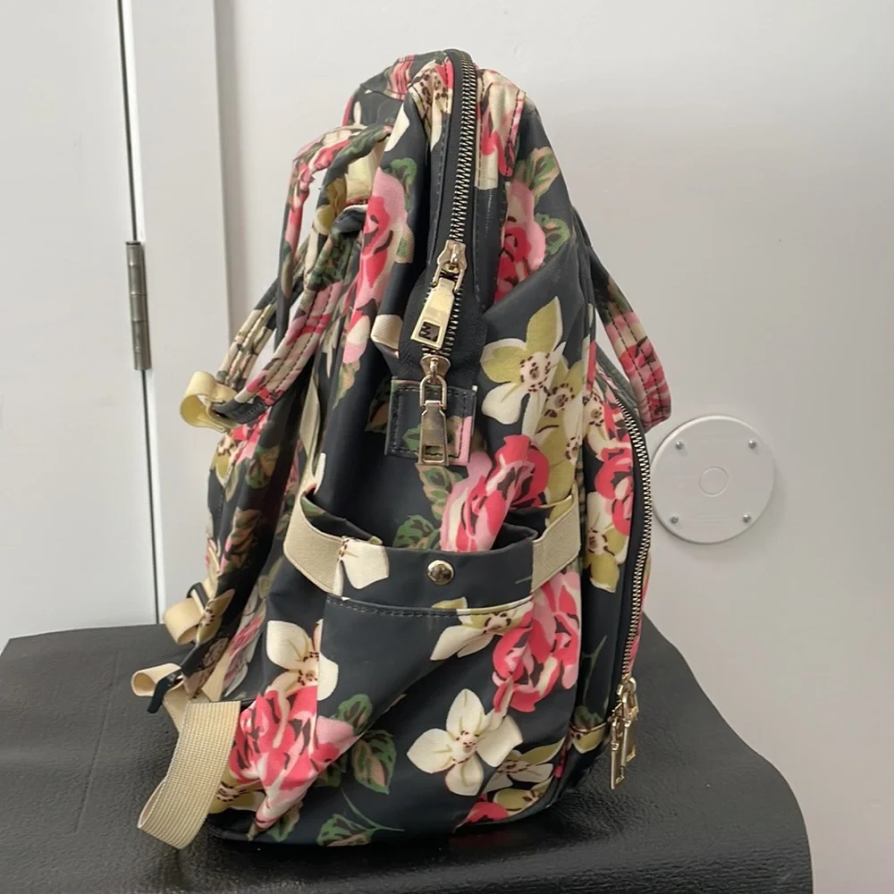 Floral Convertible Backpack Tote - Black with Pink Roses